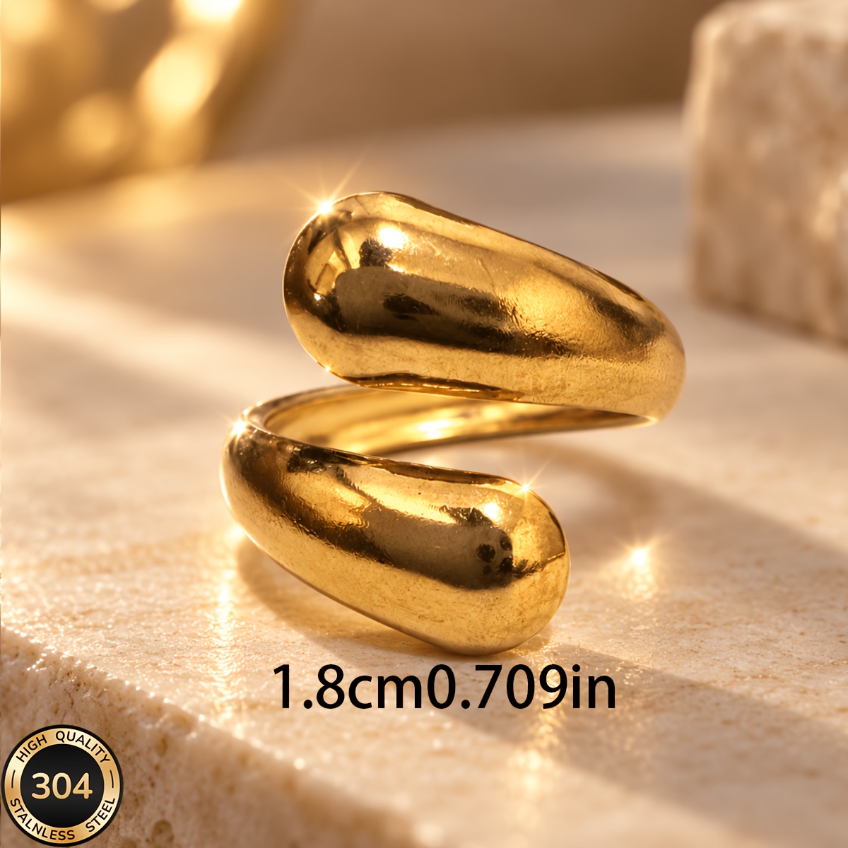 18K Gold-Plated Stainless Steel Open Ring, Classic Style